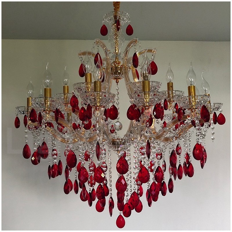 Lampadario di cristallo oro e rosso a 18 (12+6) luci, 2 livelli, E12/E14