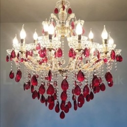 Lampadario di cristallo oro e rosso a 18 (12+6) luci, 2 livelli, E12/E14