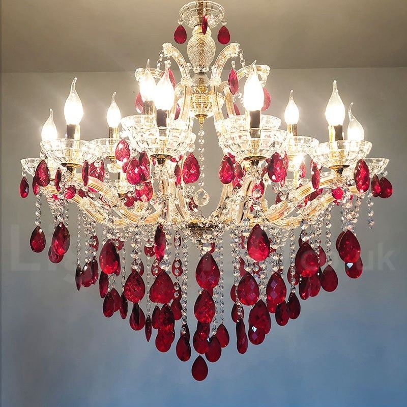 Lampadario di cristallo oro e rosso a 18 (12+6) luci, 2 livelli, E12/E14