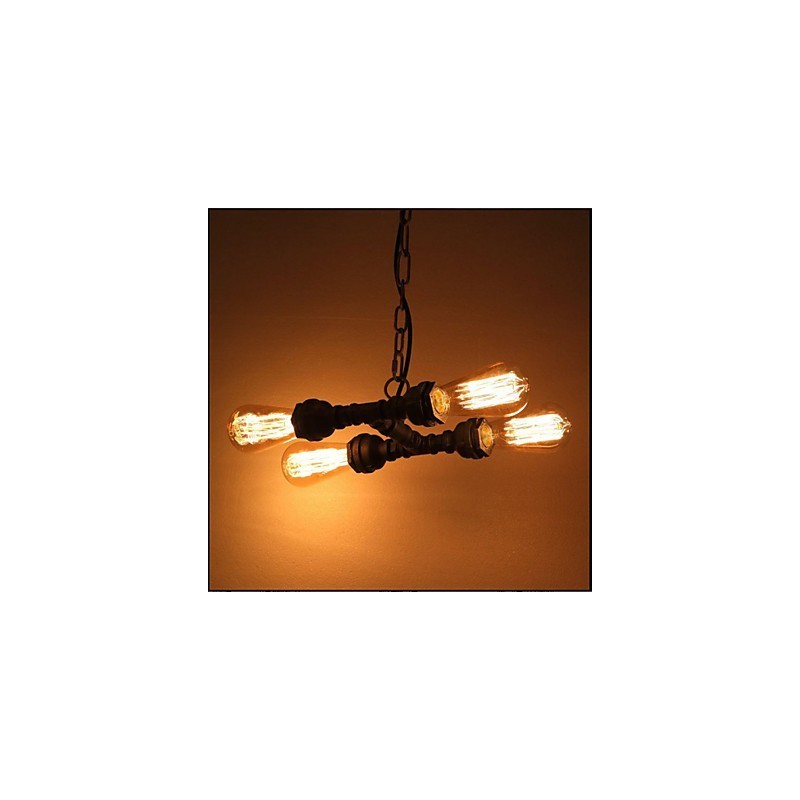 Lampadario vintage industriale a 4 tubi, 3 luci, metallo marrone