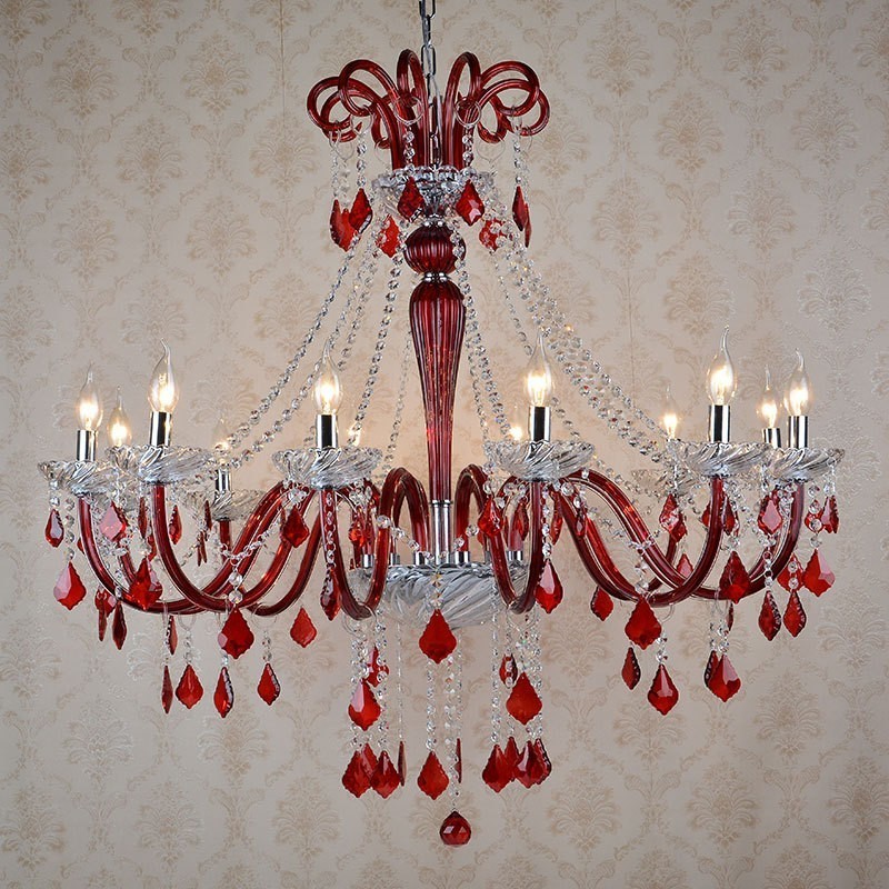 Lampadario a candela in cristallo rosso retrò