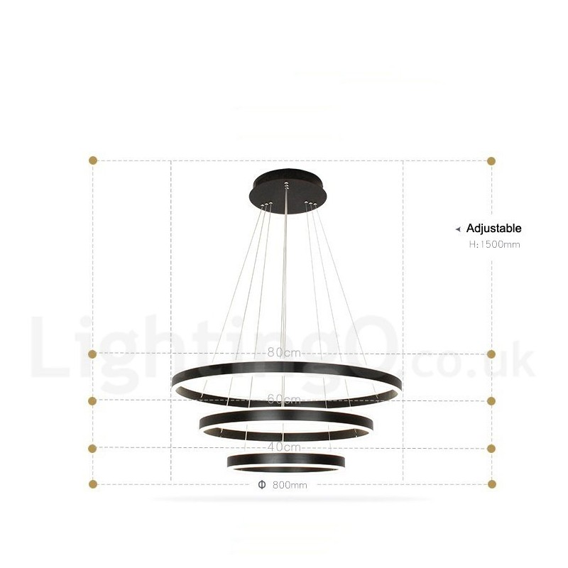 Lampada a sospensione Smart Wi‑Fi dimmerabile a 3 anelli 80+60+40 cm con 2 strisce LED e paralume in acrilico