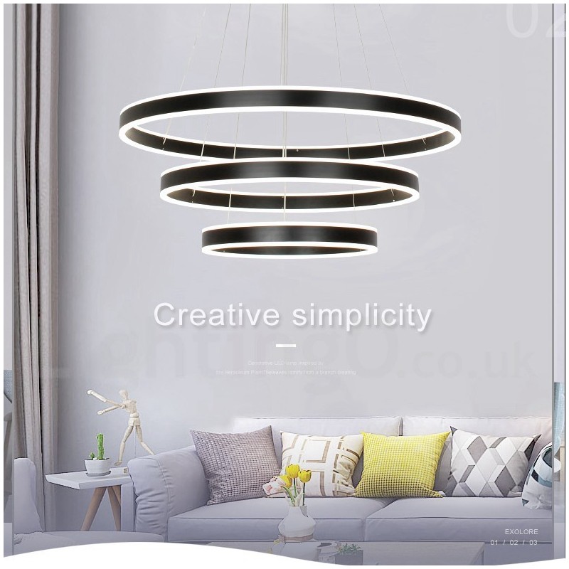 Lampada a sospensione Smart Wi‑Fi dimmerabile a 3 anelli 80+60+40 cm con 2 strisce LED e paralume in acrilico