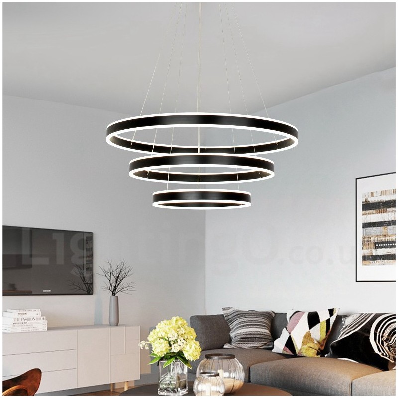 Lampada a sospensione Smart Wi‑Fi dimmerabile a 3 anelli 80+60+40 cm con 2 strisce LED e paralume in acrilico