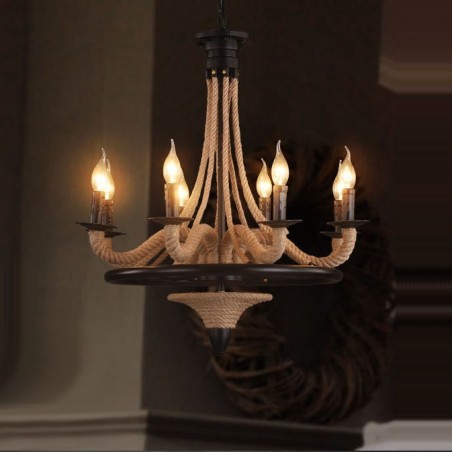 Lampadario a sospensione industriale in corda di canapa con 8 luci E12/E14