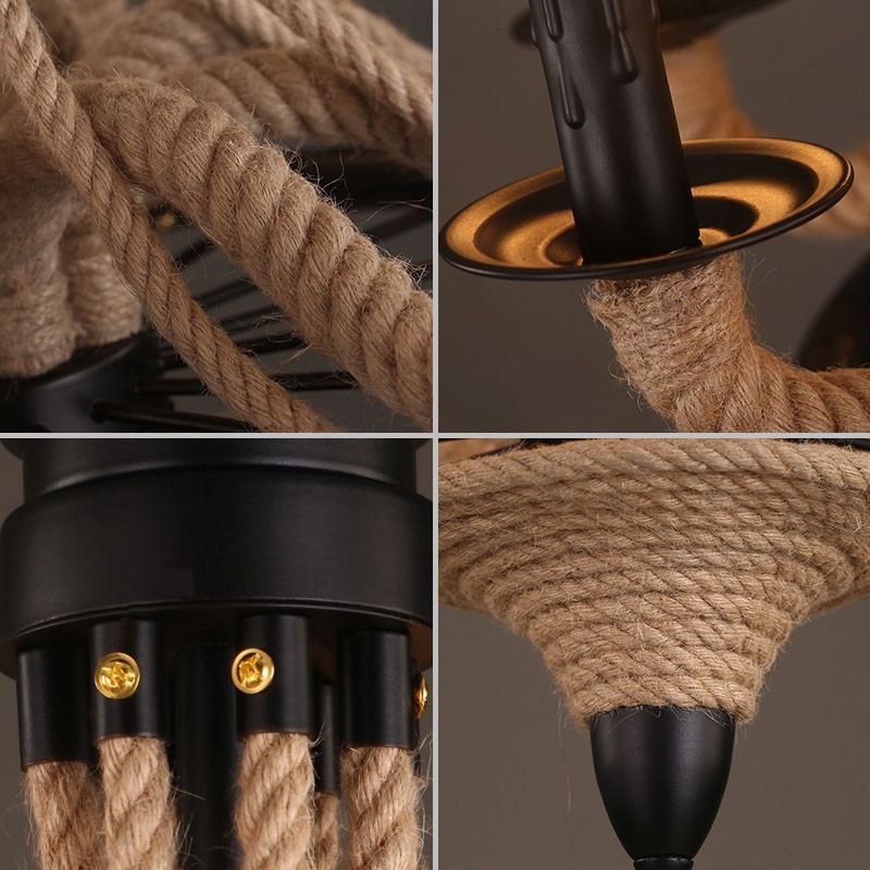 Lampadario a sospensione industriale in corda di canapa con 8 luci E12/E14