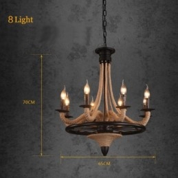 Lampadario a sospensione industriale in corda di canapa con 8 luci E12/E14