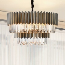 Lampadario a sospensione rotondo in cristallo K9 nero e oro a due livelli