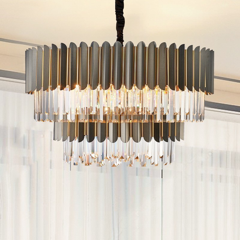 Lampadario a sospensione rotondo in cristallo K9 nero e oro a due livelli