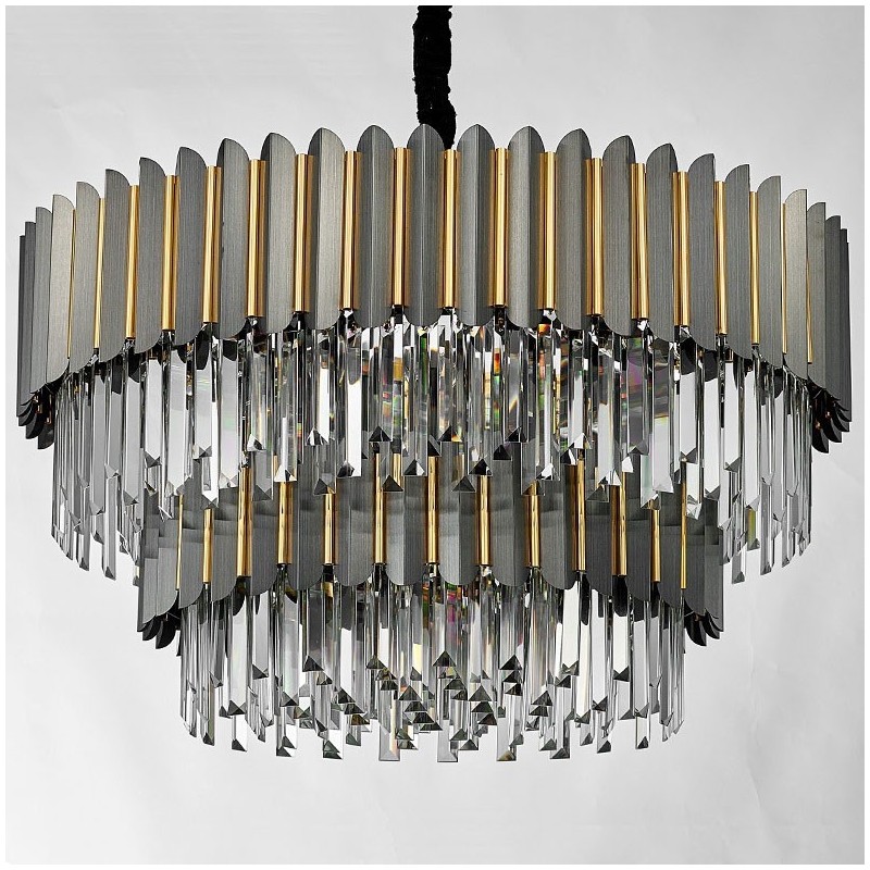 Lampadario a sospensione rotondo in cristallo K9 nero e oro a due livelli
