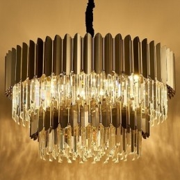 Lampadario a sospensione rotondo in cristallo K9 nero e oro a due livelli