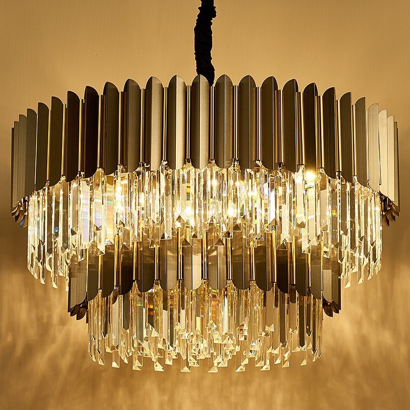 Lampadario a sospensione rotondo in cristallo K9 nero e oro a due livelli