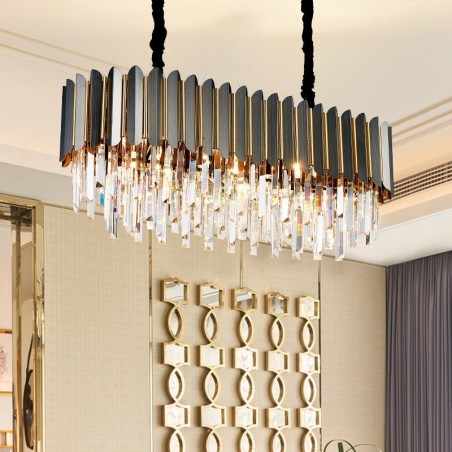 Lampadario a sospensione rotondo in cristallo K9 nero e oro, 35 x 90 cm, H34 cm, E14