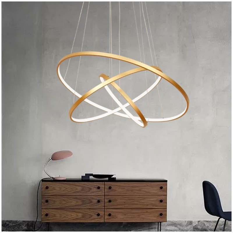 Lampada a sospensione LED dimmerabile oro con telecomando, tre anelli