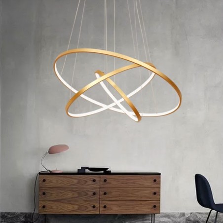 Lampada a sospensione LED dimmerabile oro con telecomando, tre anelli