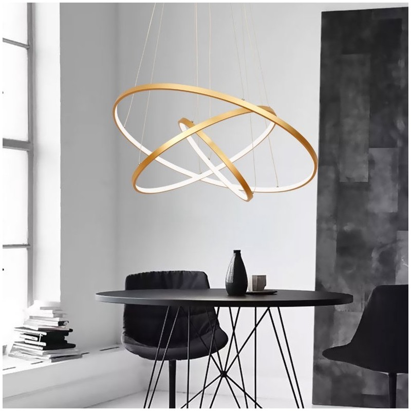 Lampada a sospensione LED dimmerabile oro con telecomando, tre anelli