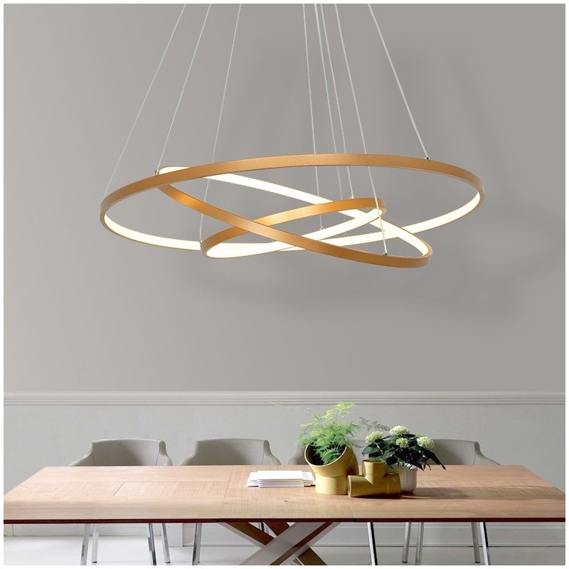 Lampada a sospensione LED dimmerabile oro con telecomando, tre anelli