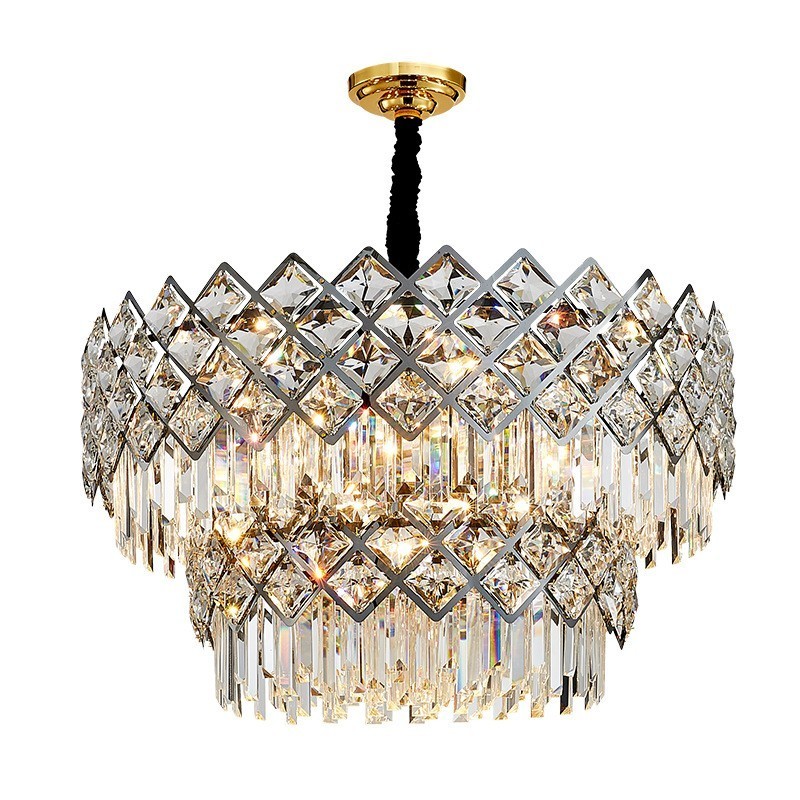 Lampadario a sospensione circolare in cristallo K9 nero e oro a due livelli