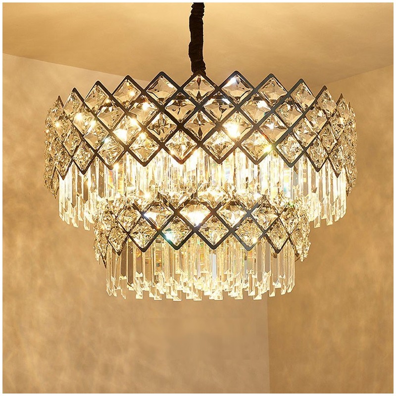 Lampadario a sospensione circolare in cristallo K9 nero e oro a due livelli