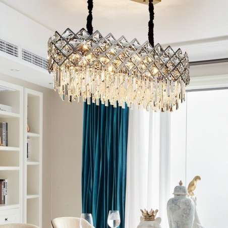 Lampadario a sospensione rotondo in cristallo K9 argento, 38 x 95 cm, E14