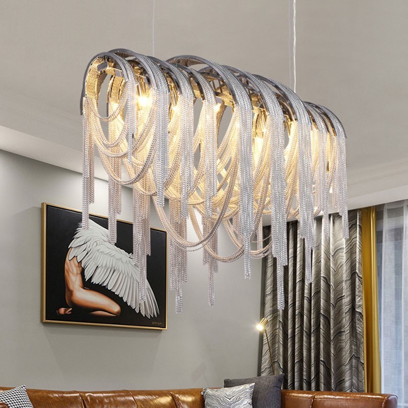 Lampadario a sospensione a nappe argento oro in metallo