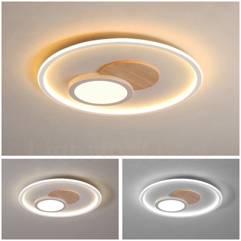 Plafoniera rotonda in legno dimmerabile con telecomando, anche applique, stile nordico