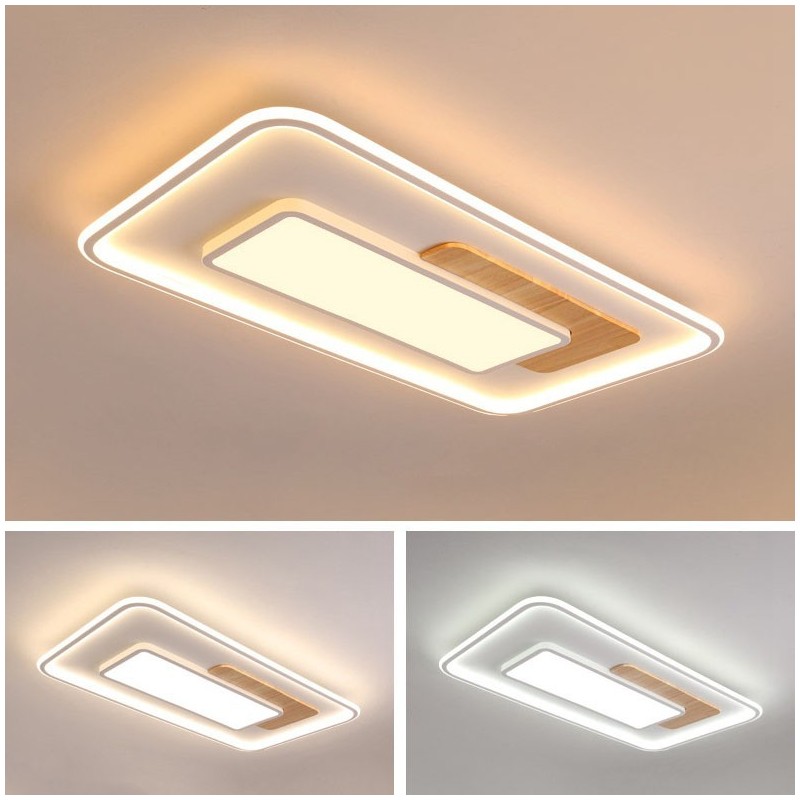 Plafoniera LED rettangolare in legno dimmerabile con telecomando, anche applique