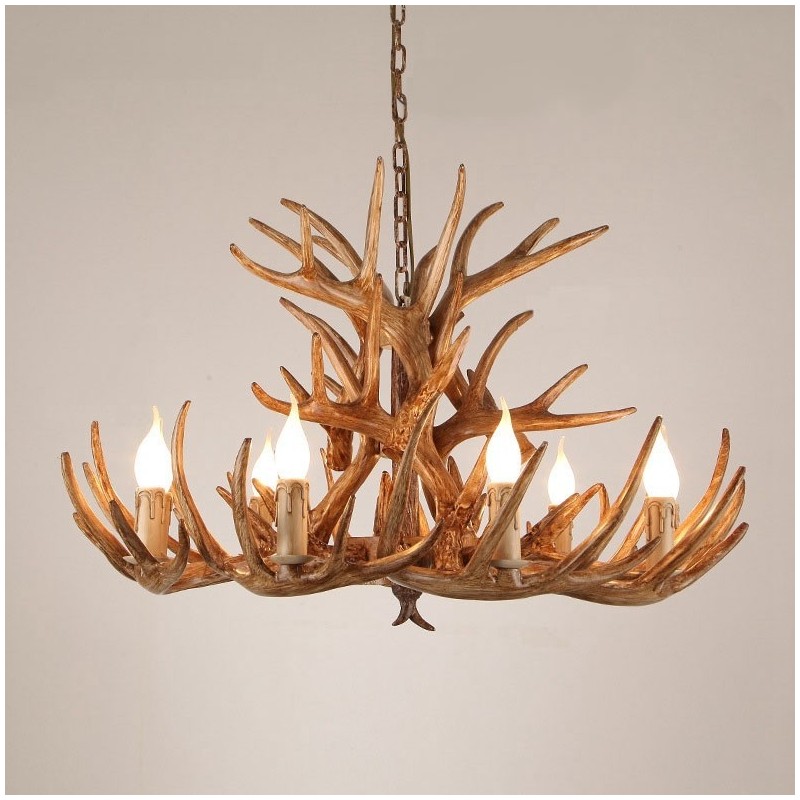 Lampadario rustico antico a tre livelli con corna di cervo e 9 luci E14