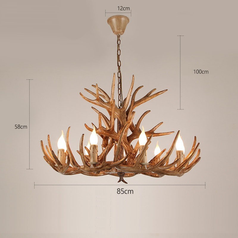 Lampadario rustico antico a tre livelli con corna di cervo e 9 luci E14