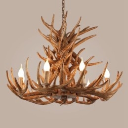 Lampadario rustico antico retrò a 9 luci, 4 livelli, con corna di cervo