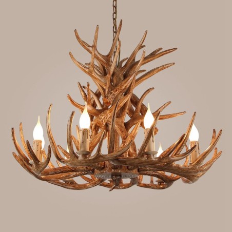 Lampadario rustico antico retrò a 9 luci, 4 livelli, con corna di cervo