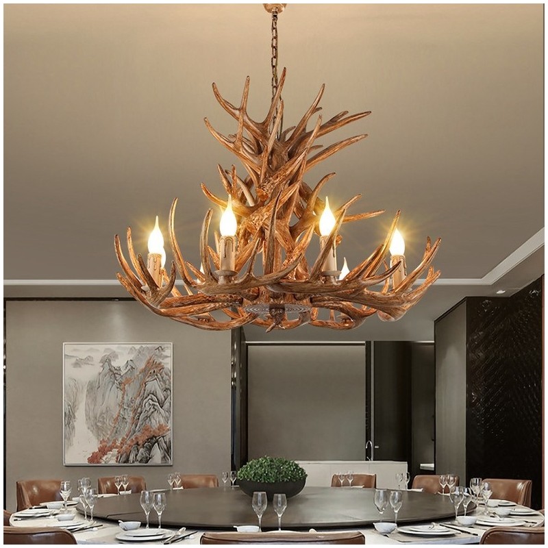 Lampadario rustico antico retrò a 9 luci, 4 livelli, con corna di cervo