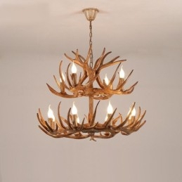 Lampadario rustico retrò antico a 12 luci (8+4) a 2 livelli con corna di cervo