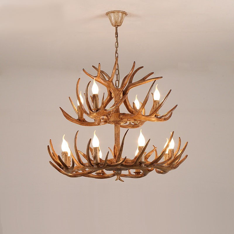 Lampadario rustico retrò antico a 12 luci (8+4) a 2 livelli con corna di cervo