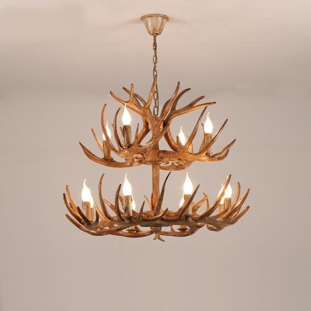 Lampadario rustico retrò antico a 12 luci (8+4) a 2 livelli con corna di cervo