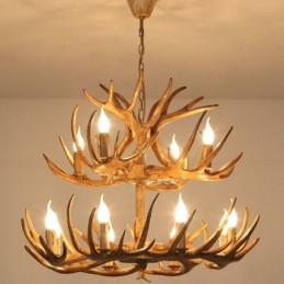 Lampadario rustico retrò antico a 12 luci (8+4) a 2 livelli con corna di cervo