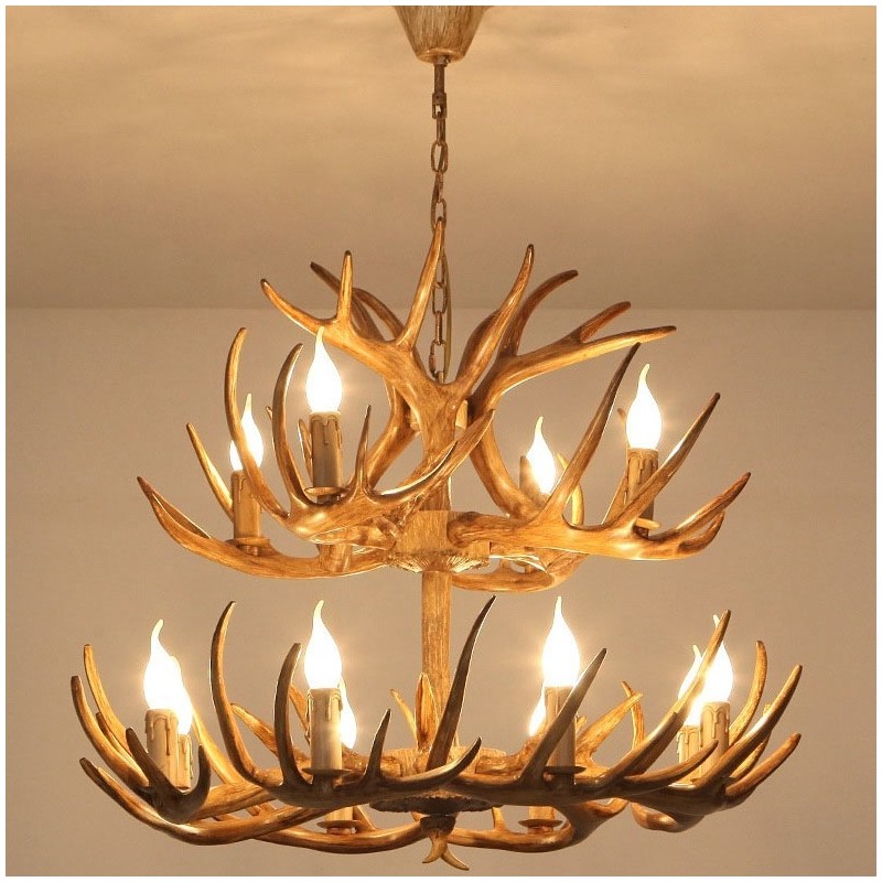 Lampadario rustico retrò antico a 12 luci (8+4) a 2 livelli con corna di cervo
