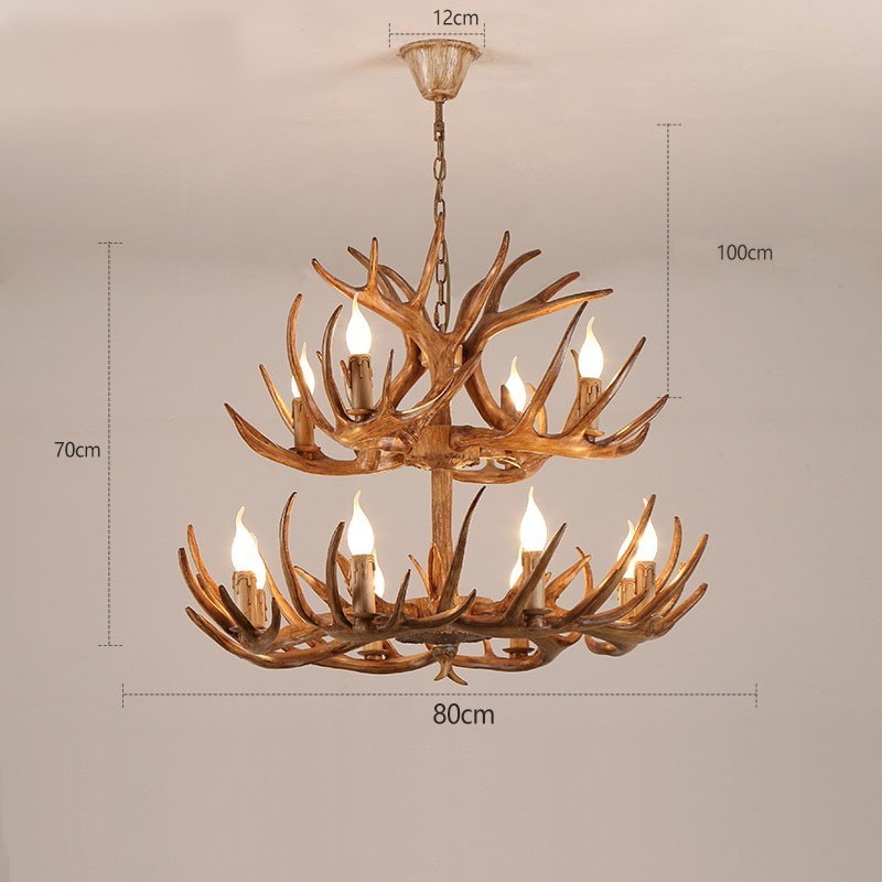 Lampadario rustico retrò antico a 12 luci (8+4) a 2 livelli con corna di cervo