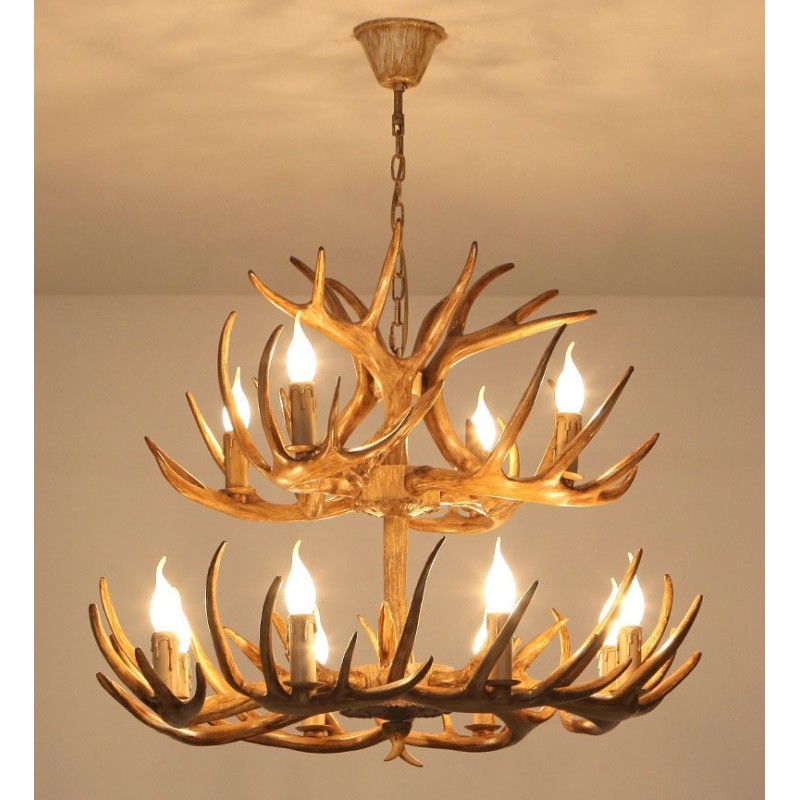Lampadario rustico retrò antico a 12 luci (8+4) a 2 livelli con corna di cervo