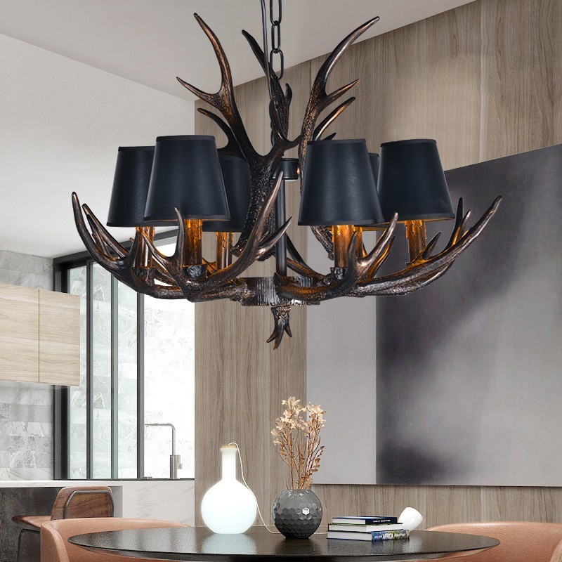 Lampadario rustico retrò nero a 6 luci con paralumi E14