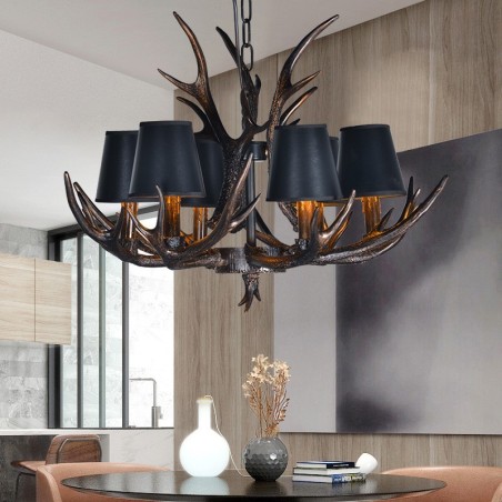 Lampadario rustico retrò nero a 6 luci con paralumi E14