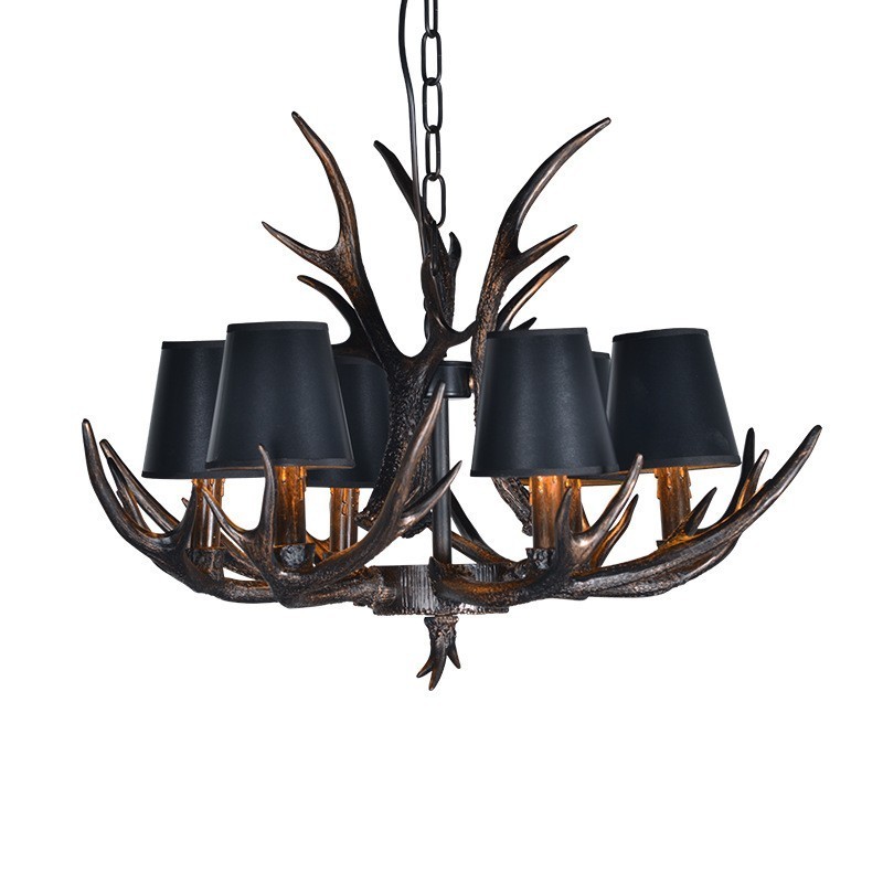 Lampadario rustico retrò nero a 6 luci con paralumi E14