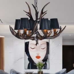 Lampadario rustico retrò nero a 6 luci con paralumi E14