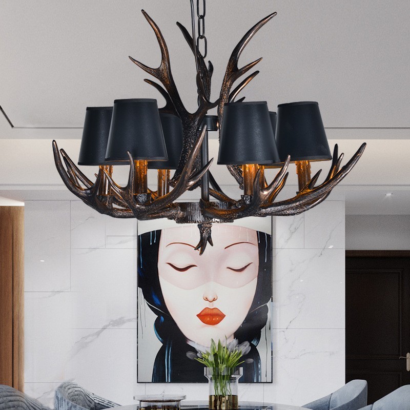 Lampadario rustico retrò nero a 6 luci con paralumi E14
