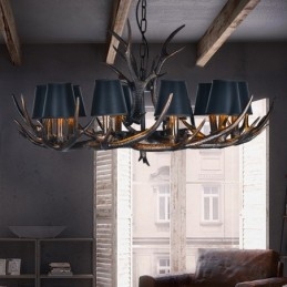 Lampadario antico retrò rustico con paralumi in corna di cervo, 10 luci E14, D90 cm