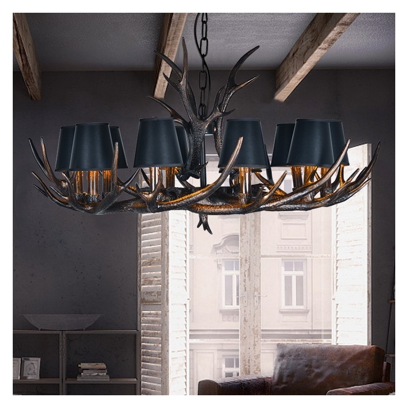 Lampadario antico retrò rustico con paralumi in corna di cervo, 10 luci E14, D90 cm