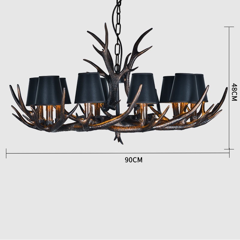 Lampadario antico retrò rustico con paralumi in corna di cervo, 10 luci E14, D90 cm