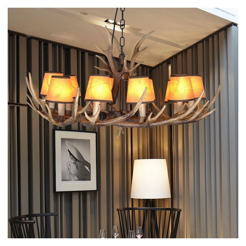 Lampadario antico retrò rustico con paralumi in corna di cervo, 10 luci E14, Ø 90 cm