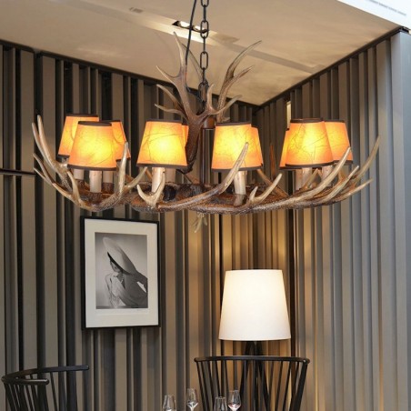 Lampadario antico retrò rustico con paralumi in corna di cervo, 10 luci E14, Ø 90 cm