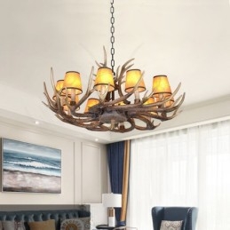 Lampadario antico retrò rustico con paralumi in corna di cervo, 10 luci E14, Ø 90 cm